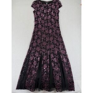 Candalite PS Black‎ Purple Sequin Lace Floral Maxi Dress Evening Gown no belt